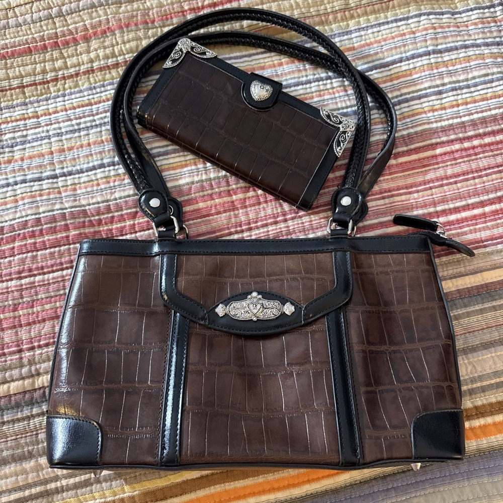 Vtg Faux Croc Shoulder Bag Brown Black Purse Western Heart Accent Y2K Wallet Too